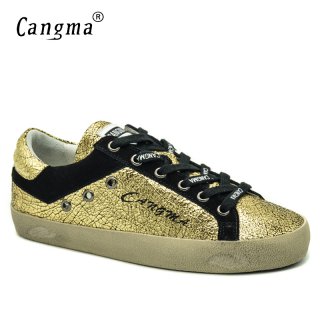 CANGMA Italian Designer Vintage Oman Casual Shoes Autumn Handmade Patent Leather Golden Bass Breathable Sneakers Women Shoes