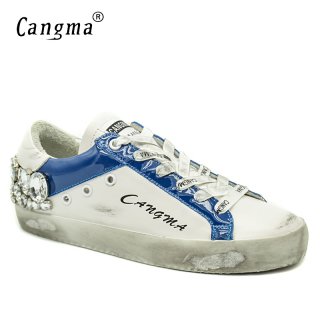 CANGMA Brand Sneakers Woman Diamond Shoes Crystal Vintage Genuine Leather White Bass Flats Breathable Women Casual Shoes