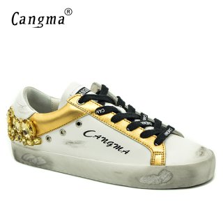 CANGMA Original Brand Gold White Vintage Woman Shoes Diamond Genuine Leather Sneakers Flats Bass Scarpa Women Shoes Crystal