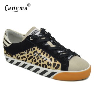 CANGMA Brand Sneakers Women Shoes Vintage Leopard Flats Horsehair Leather Golden Bass Breathable Woman Shoes Plus Size