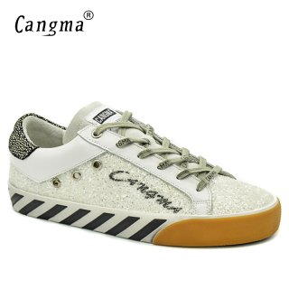 CANGMA Designer Deluxe Woman Shoes Spring Autumn White SneakersFlats Lace Up Sequined Girls Shoes Paillette Femme