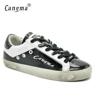 CANGMA Deluxe Sneakers Women Shoes Autumn Handmade Brand Black Patent Leather Low Flats Vintage Shoes Girls Scarpa