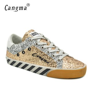 CANGMA Original Sneakers Women Shoes Autumn Gold Handmade Sequined Leather Flats Vintage Shoes For Ladies Schoenen