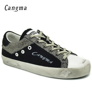 CANGMA Sneakers Women Shoes Handmade Autumn Black White Low Top Cow Suede Flats Woman Casual Shoes Fille Chaussure