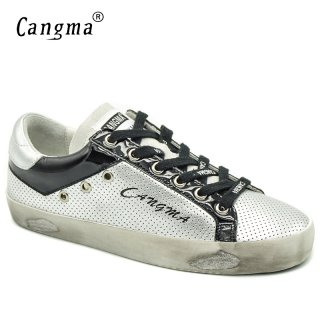 CANGMA Original Women Sneakers Casual Shoes Autumn Silver Black Basse Patent Leather Flats Girls Shoes