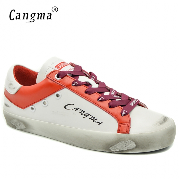 CANGMA Sneakers Women Flats Girl Casual Shoes Bass White Red Autumn Genuine Leather Vintage Woman Shoes Donna