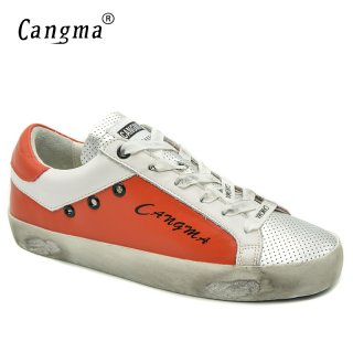 CANGMA Original Ladies Casual Shoes Autumn Orange Silver Woman Bass Genuine Leather Flats Women Sneakers Chaussure De Luxe