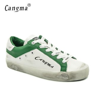 CANGMA Comfort Ladies Shoes Autumn White Green Handmade Genuine Leather Sneakers Women Flats Shoes