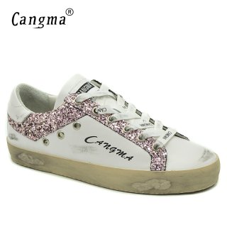 CANGMA Brand Sneakers Women Shoes White Footwear Adult Ladies Sequin Flat Genuine Leather Casual Shoes For Female Handmade Shoes