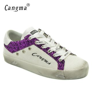 CANGMA Fashion Sneakers Women Shoes British Casual Shoes Canvas Sequined Leather Female Hemp White Shoes Adult