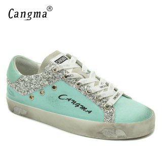 CANGMA Women Sneakers Canvas Casual Shoes Blue Breathable Genuine Leather Footwear Female Adult Shoes Ladies Sequin