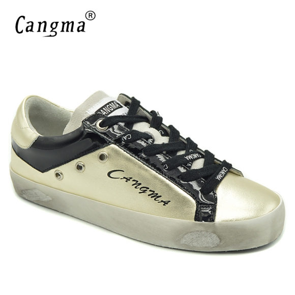 CANGMA Sneakers Women Shoes Brand Gold Girl Platform Shoes Genuine Leather Female Adult Breathable Shoes Designer Retro Footwear