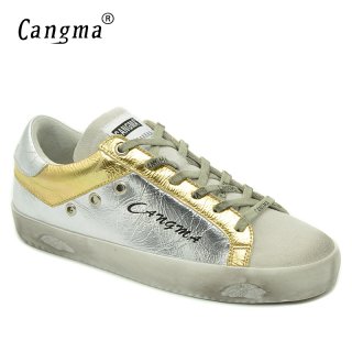 CANGMA Women Sneakers Fashion Design Shoes Girls Casual Shoes Silver Female Genuine Leather Breathable Suede Famous Footwear