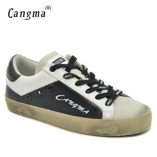 CANGMA Black And White Sneakers Women Shoes Brand Genuine Leather Suede Female Shoes Adult Casual Breathable Footwear
