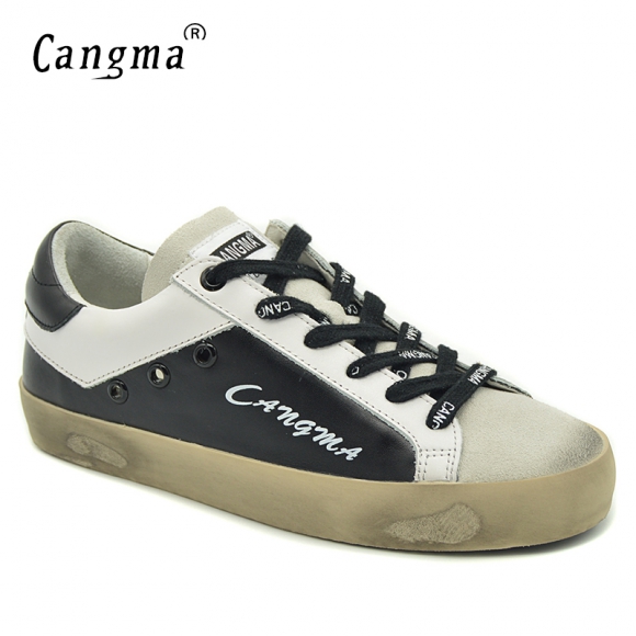 CANGMA Black And White Sneakers Women Shoes Brand Genuine Leather Suede Female Shoes Adult Casual Breathable Footwear